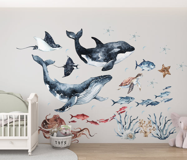 Ocean Animals Wall Decal for Kids and Nursery, sea animals wall sticker,  OCEAN Life with whale, fishes, jellyfishes, sea turtle,