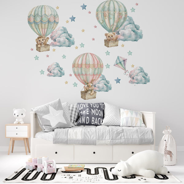 Teddy bears flying in colorful balloons