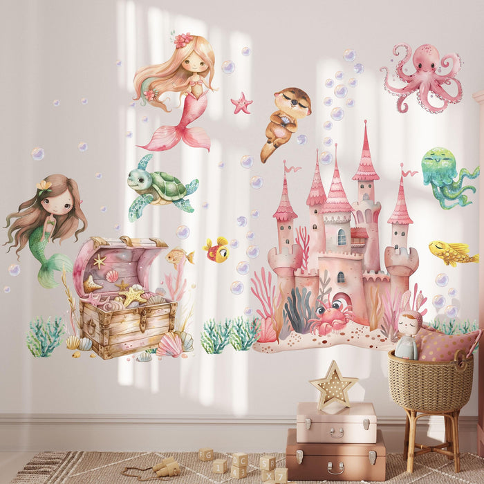 Underwater mermaid kingdom with a treasure chest and a castle