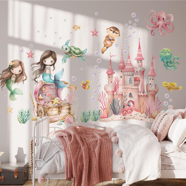 Beautiful mermaids and their underwater castle walldecals
