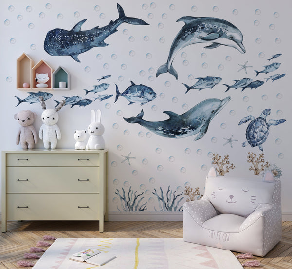 Ocean Animals Wall Decal for Kids and Nursery: Dolphin, Seal, SeaTurtle
