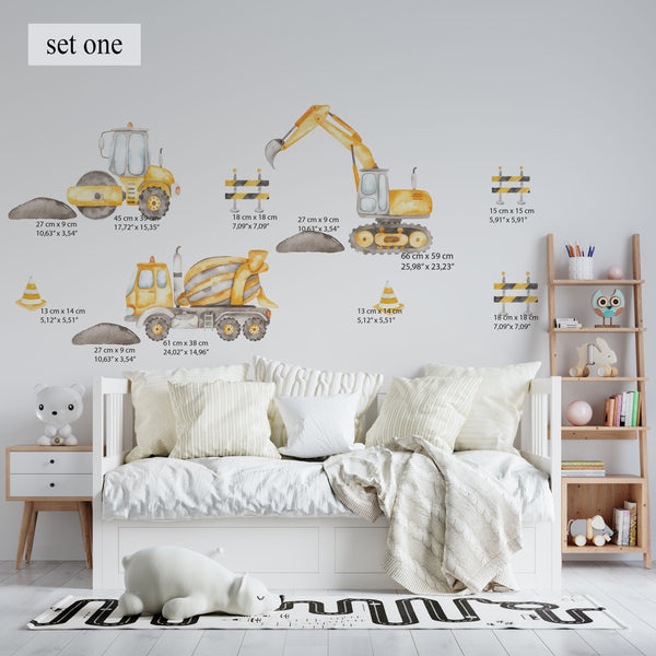 excavator wall decor, Kids Transport Wall Decal, Vehicle Wall Sticker, Boys Cars Wall Decal,