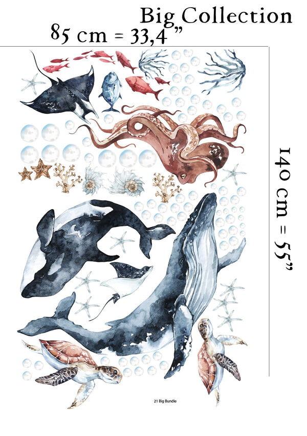 Ocean Animals Wall Decal for Kids and Nursery, sea animals wall sticker,  OCEAN Life with whale, fishes, jellyfishes, sea turtle,