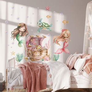 Underwater mermaid kingdom with a treasure chest and a castle
