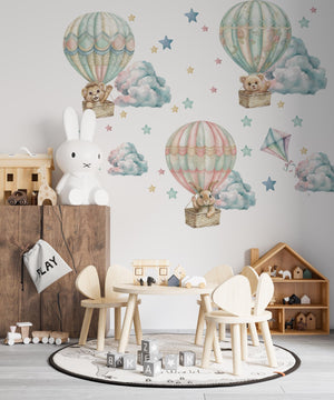Teddy bears flying in colorful balloons