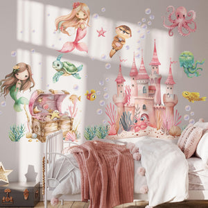 Underwater mermaid kingdom with a treasure chest and a castle