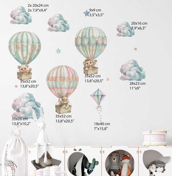 Teddy bears flying in colorful balloons