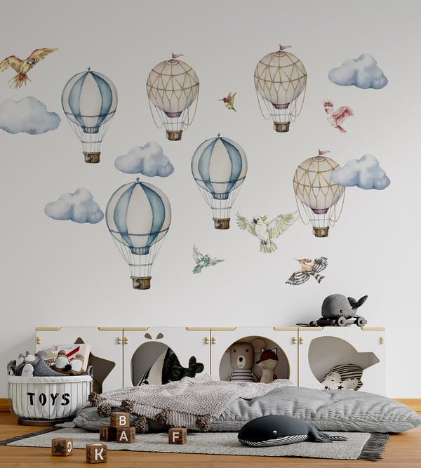 Wandtattoos mit Heißluftballons, Wolken und Papageien