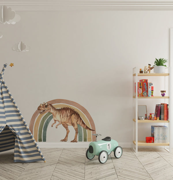 a child's room with a teepee tent and a dinosaur wall decal