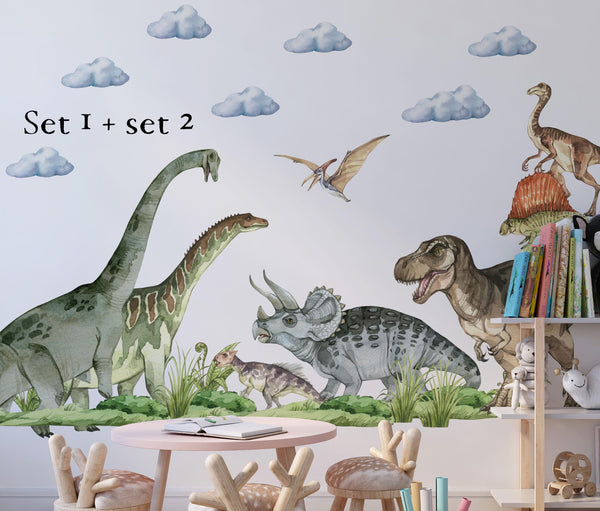 Huge Dinosaur Wall Decal set: 2 sauropods, triceratops, T-Rex, 2 vulcanos & many more!