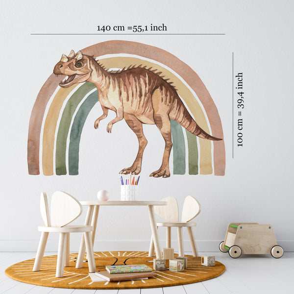 a wall mural of a dinosaur with a rainbow in the background