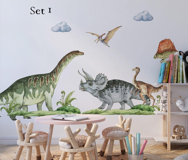 Huge Dinosaur Wall Decal set: 2 sauropods, triceratops, T-Rex, 2 vulcanos & many more!