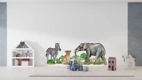 Safari animal kids: elephant, zebra, lion cob walldecals set