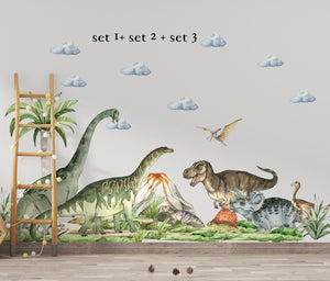 Huge Dinosaur Wall Decal set: 2 sauropods, triceratops, T-Rex, 2 vulcanos & many more!