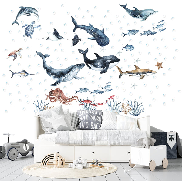 Ocean Animals Wall Decal for Kids and Nursery: Dolphin, Seal, SeaTurtle