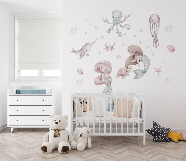 mermaid wall decal, sea wall decal, Nursery wall decal Sea World Watercolour little mermaid, ocean wall decal, Sea World Ocean Wall Decal