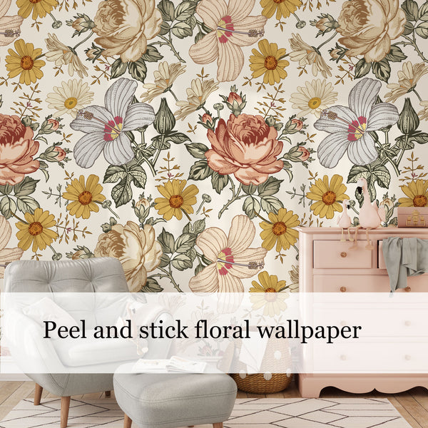 floral wallpaper, flower wallpaper, nursery flowers peel and stick wallpaper