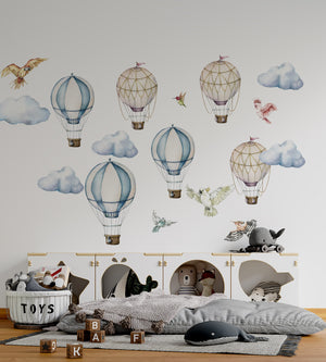 Wandtattoos mit Heißluftballons, Wolken und Papageien