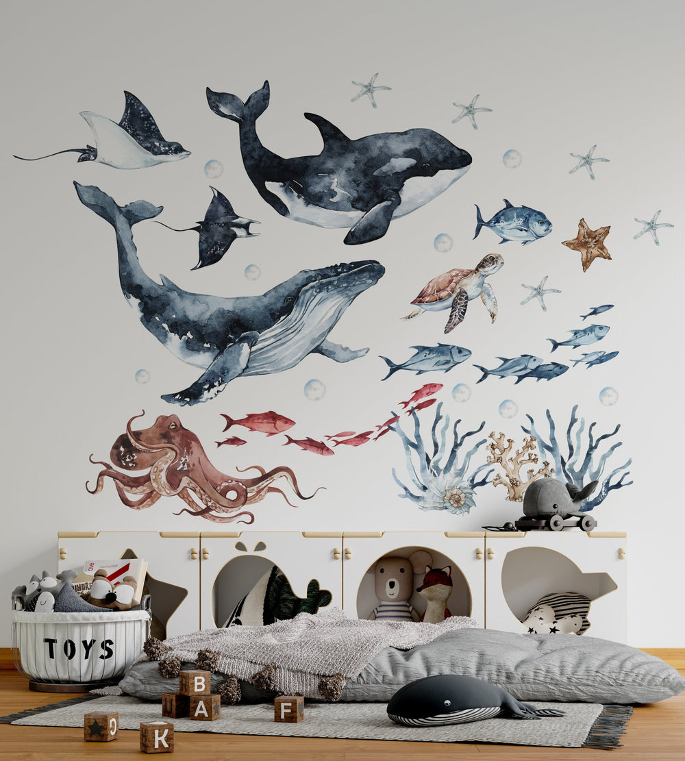 Ocean Animals Wall Decal for Kids and Nursery, sea animals wall sticker,  OCEAN Life with whale, fishes, jellyfishes, sea turtle,