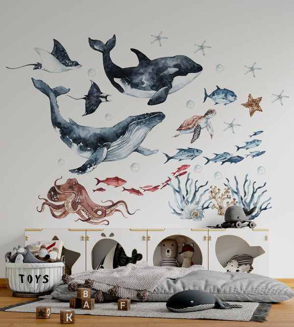 Ocean Animals Wall Decal for Kids and Nursery, sea animals wall sticker,  OCEAN Life with whale, fishes, jellyfishes, sea turtle,