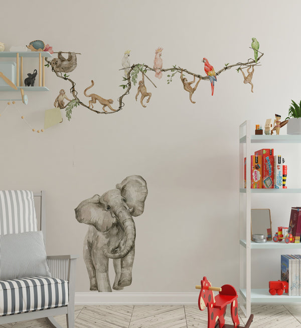 Elephant, parrots and monkeys - jungle wall sticker set