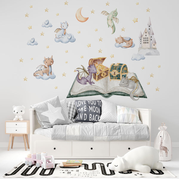 Dragon wall decals magical book and clouds walldecals