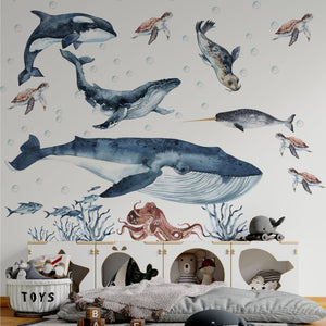 Ocean Animals Wall Decal for Kids and Nursery,  sea animals wall sticker, Sticker Set Dolphin, seal, sea Turtle, Watercolor Peel and stick