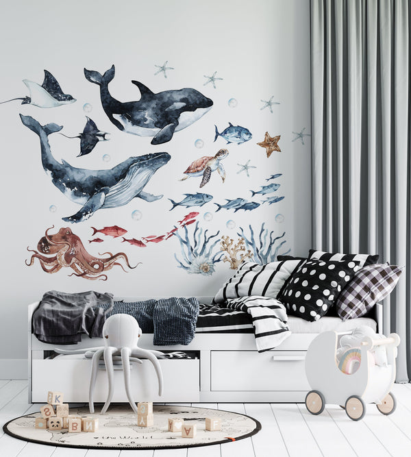 Ocean Animals Wall Decal for Kids and Nursery, sea animals wall sticker,  OCEAN Life with whale, fishes, jellyfishes, sea turtle,