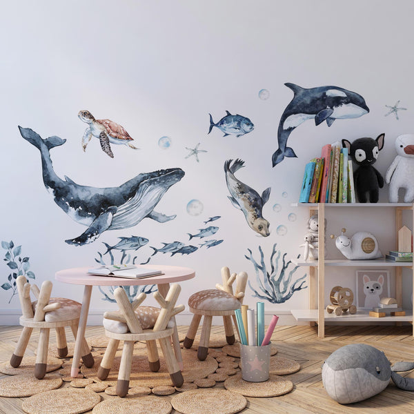 Ocean Animals Wall Decal for Kids and Nursery,  sea animals wall sticker, Sticker Set Dolphin, seal, sea Turtle, Watercolor Peel and stick