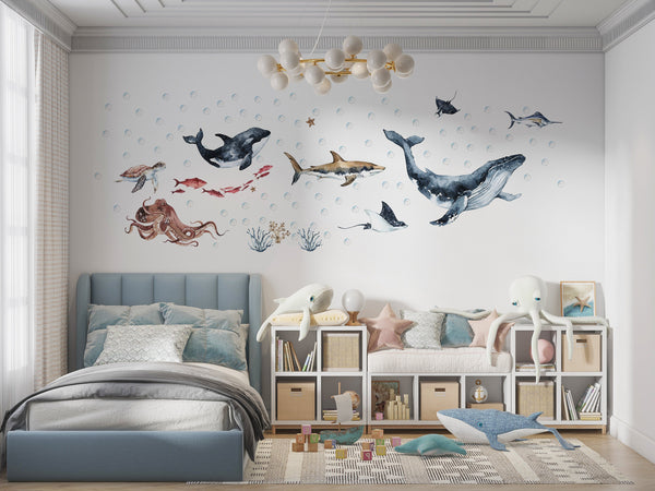 Ocean Animals Wall Decal for Kids and Nursery: Dolphin, Seal, SeaTurtle