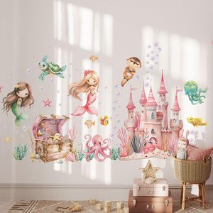 Underwater mermaid kingdom with a treasure chest and a castle