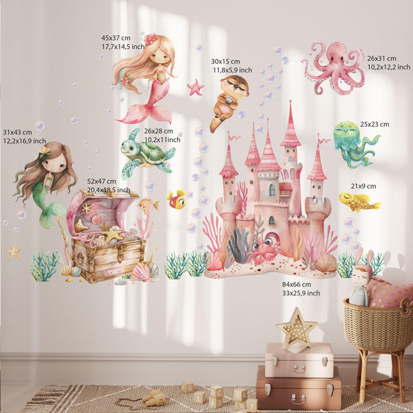 Underwater mermaid kingdom with a treasure chest and a castle