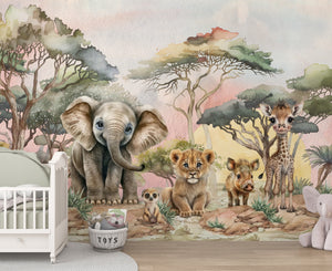 Children's room with a mural of elephant, giraffe, lion cub and other animals in a forest setting