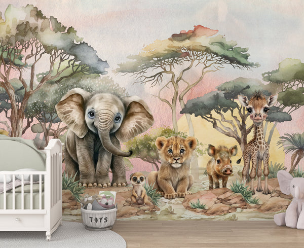 Children's room with a mural of elephant, giraffe, lion cub and other animals in a forest setting