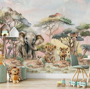 African kiddos - nursery or playroom with a mural of elephant, giraffe, lion cub and other animals in a forest setting