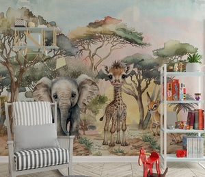 Cuties from Africa - Safari Wallpaper for Nursery Elephant and Giraffe - Children's Wall Mural