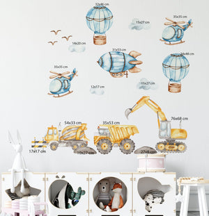 trucks, excavators and flying machines walldecals igibee