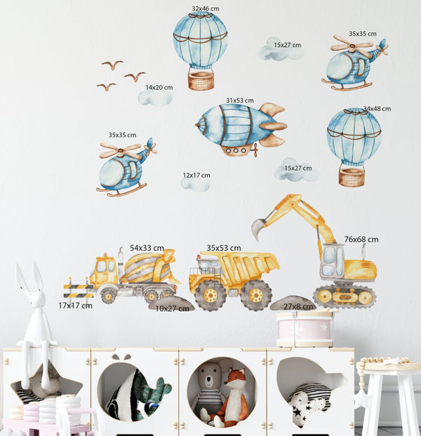 trucks, excavators and flying machines walldecals igibee