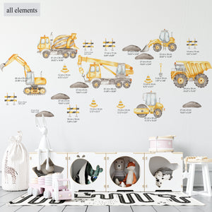 excavator wall decor, Kids Transport Wall Decal, Vehicle Wall Sticker, Boys Cars Wall Decal,