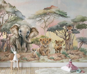 Children's room with a mural of elephant, giraffee, lion cub and other animals in a forest setting