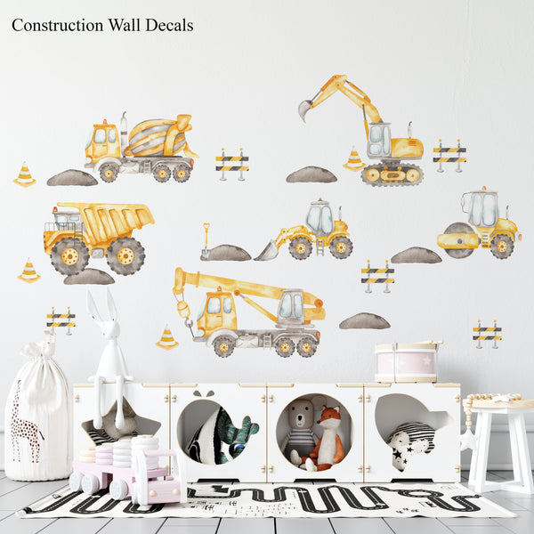 excavator wall decor, Kids Transport Wall Decal, Vehicle Wall Sticker, Boys Cars Wall Decal,