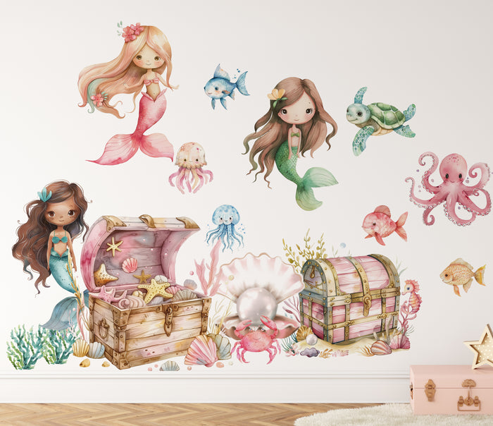 Mermaid Wall Decals – Under the Sea Wall Stickers with Treasure Chests