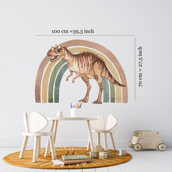 a dinosaur wall decal with a rainbow in the background