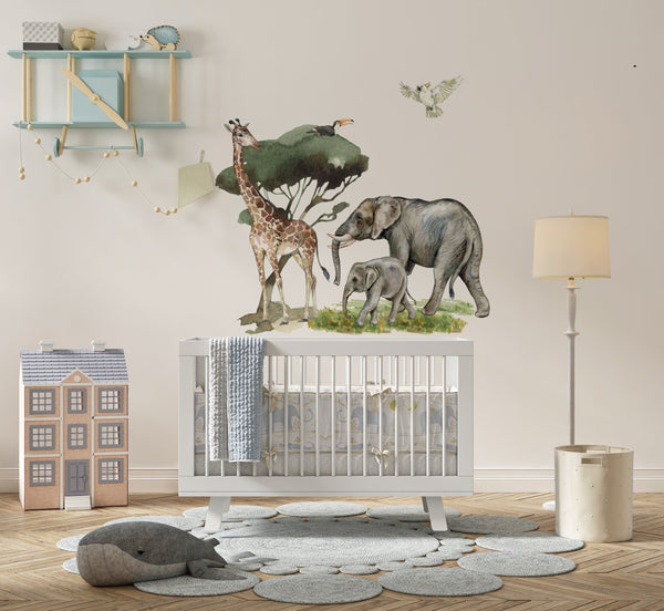 Giraffe and two elephants - safari walldecal collection