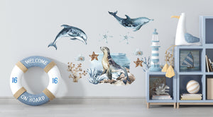 Sea World: Wandtattoos mit zwei Delfinen und einem Seelöwen