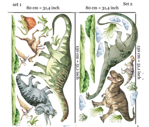 Huge Dinosaur Wall Decal set: 2 sauropods, triceratops, T-Rex, 2 vulcanos & many more!