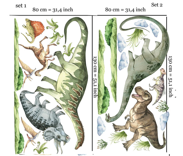 Huge Dinosaur Wall Decal set: 2 sauropods, triceratops, T-Rex, 2 vulcanos & many more!