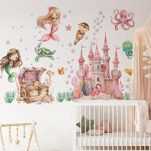 Underwater mermaid kingdom with a treasure chest and a castle
