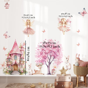 Fairy Wall Sticker with Golden Hair, Castle & Bunny