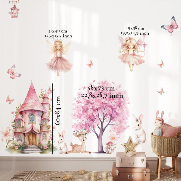 Fairy Wall Sticker with Golden Hair, Castle & Bunny